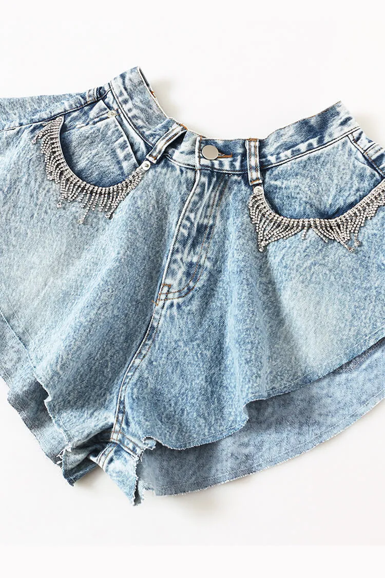 Sexy High Waist Rhinestone Fringe Ruffled Flare Leg Denim Micro Shorts