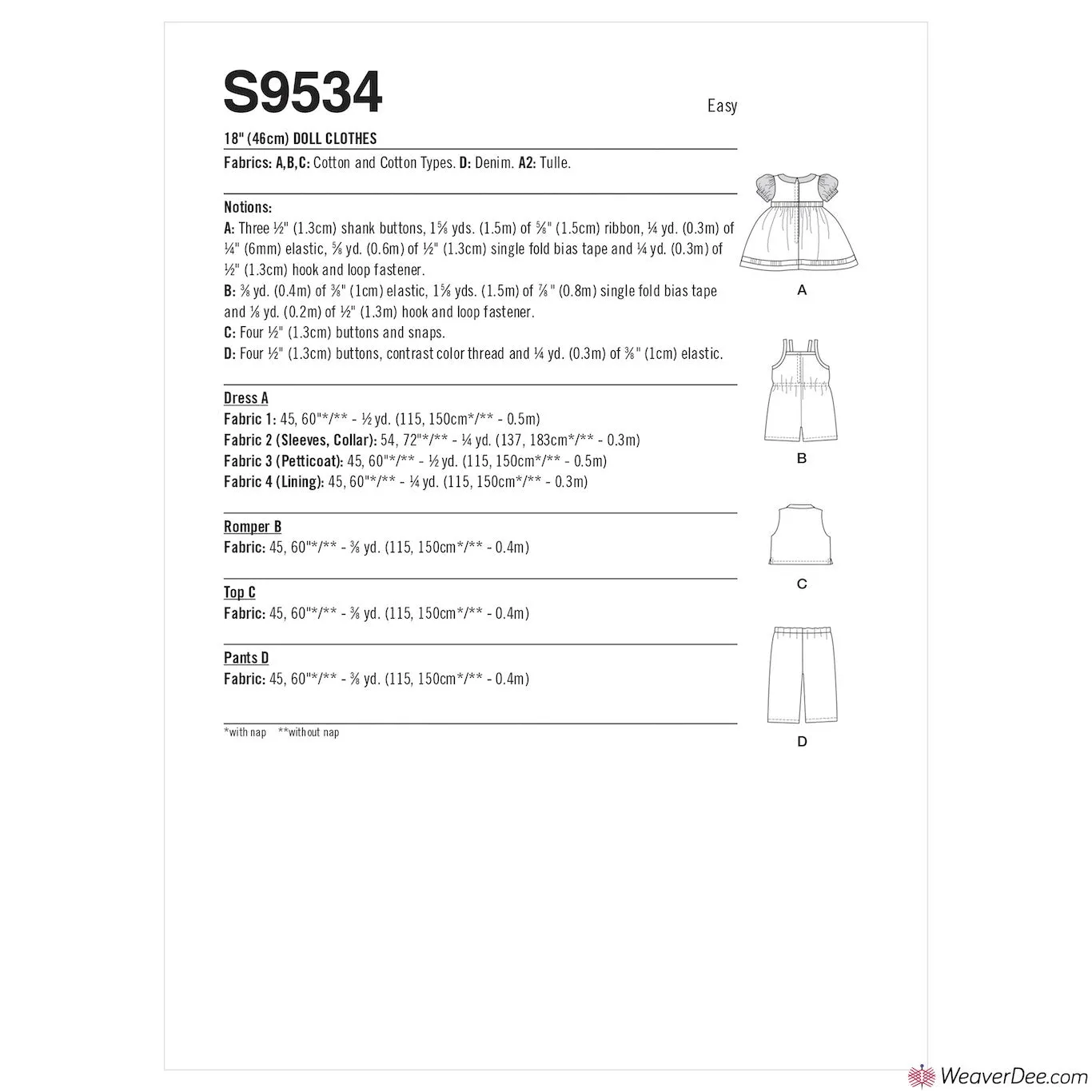 Simplicity Pattern S9534 Doll Clothes 18"