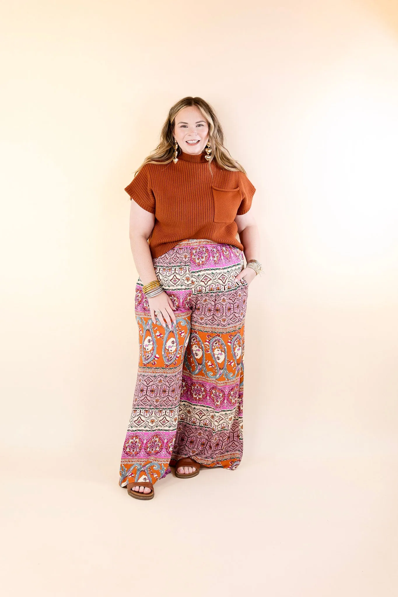 Slight Change Elastic Waist Floral Print Wide Leg Palazzo Pants in Rust Orange Mix