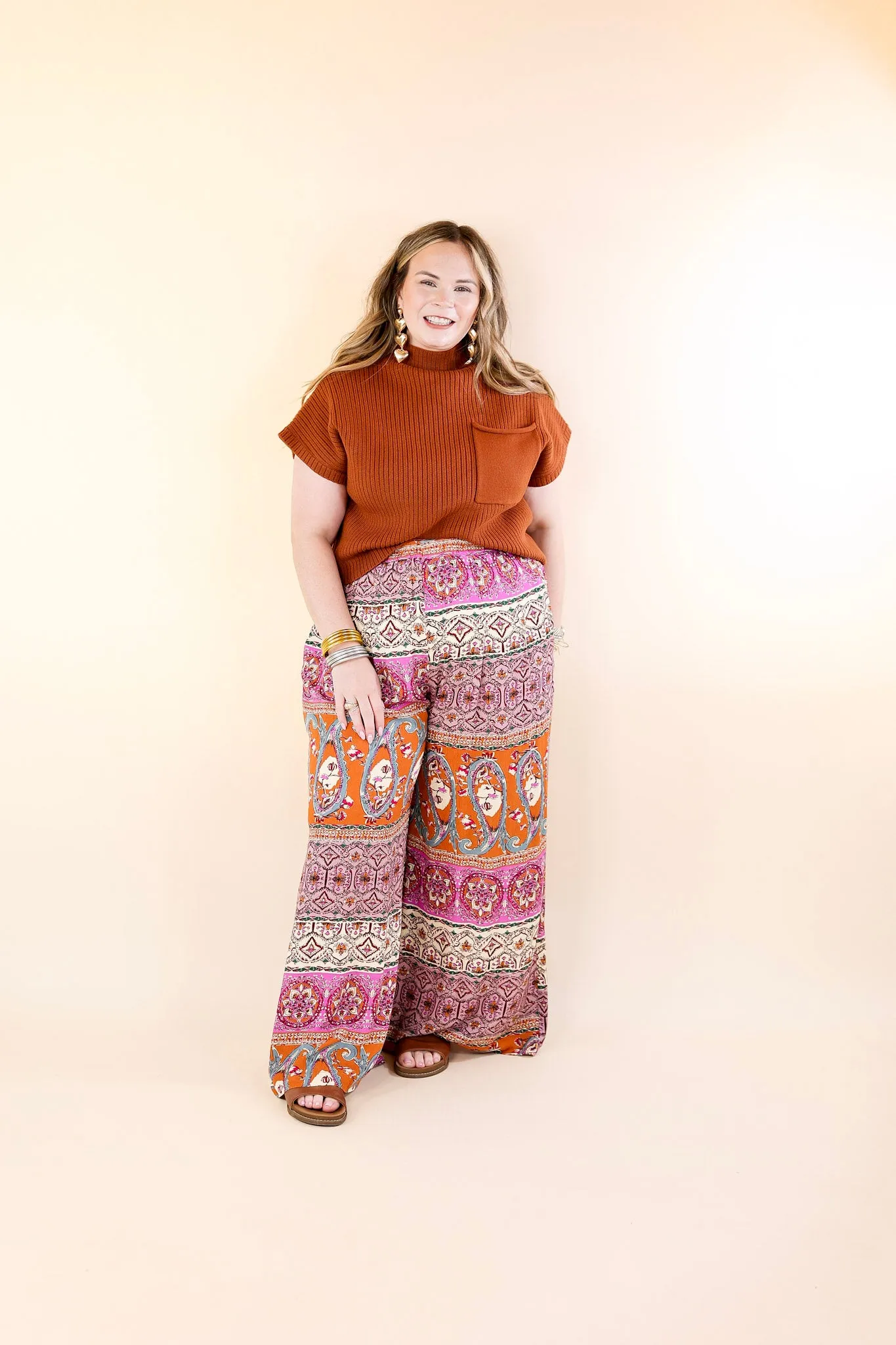 Slight Change Elastic Waist Floral Print Wide Leg Palazzo Pants in Rust Orange Mix