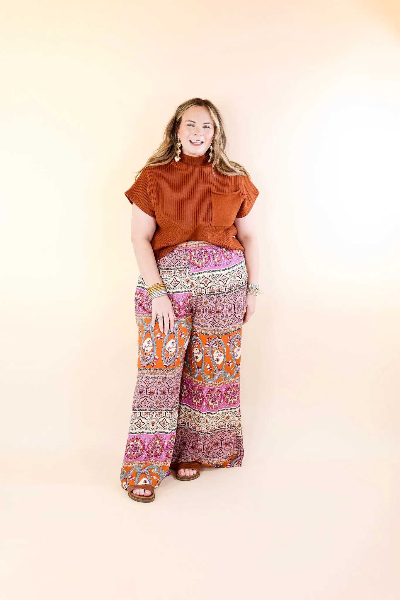 Slight Change Elastic Waist Floral Print Wide Leg Palazzo Pants in Rust Orange Mix