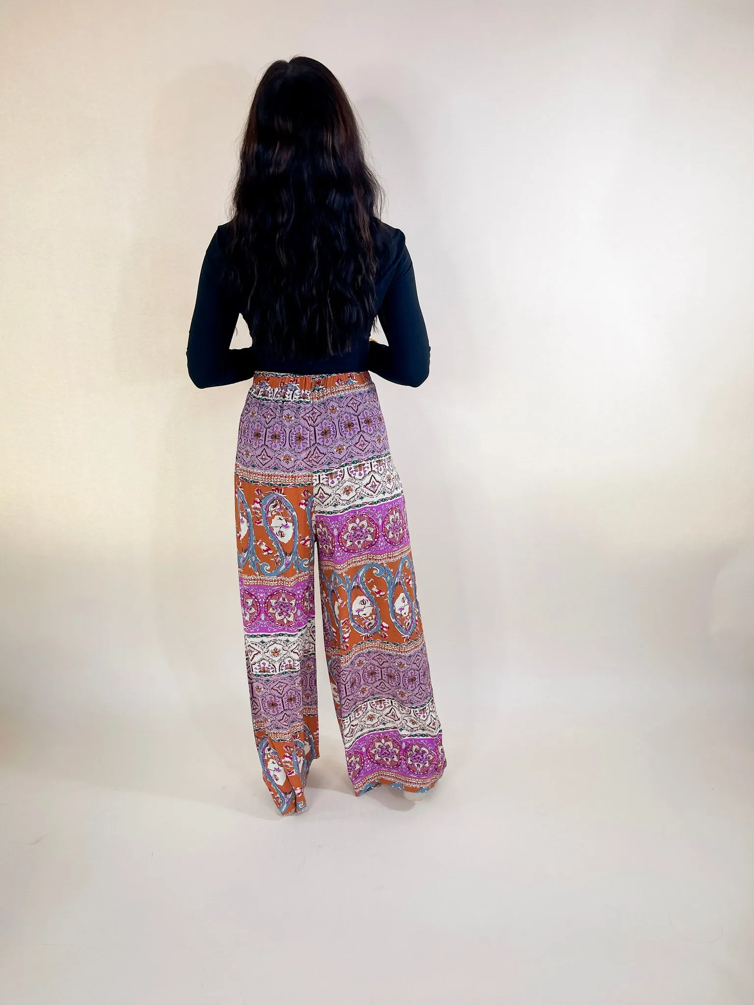 Slight Change Elastic Waist Floral Print Wide Leg Palazzo Pants in Rust Orange Mix