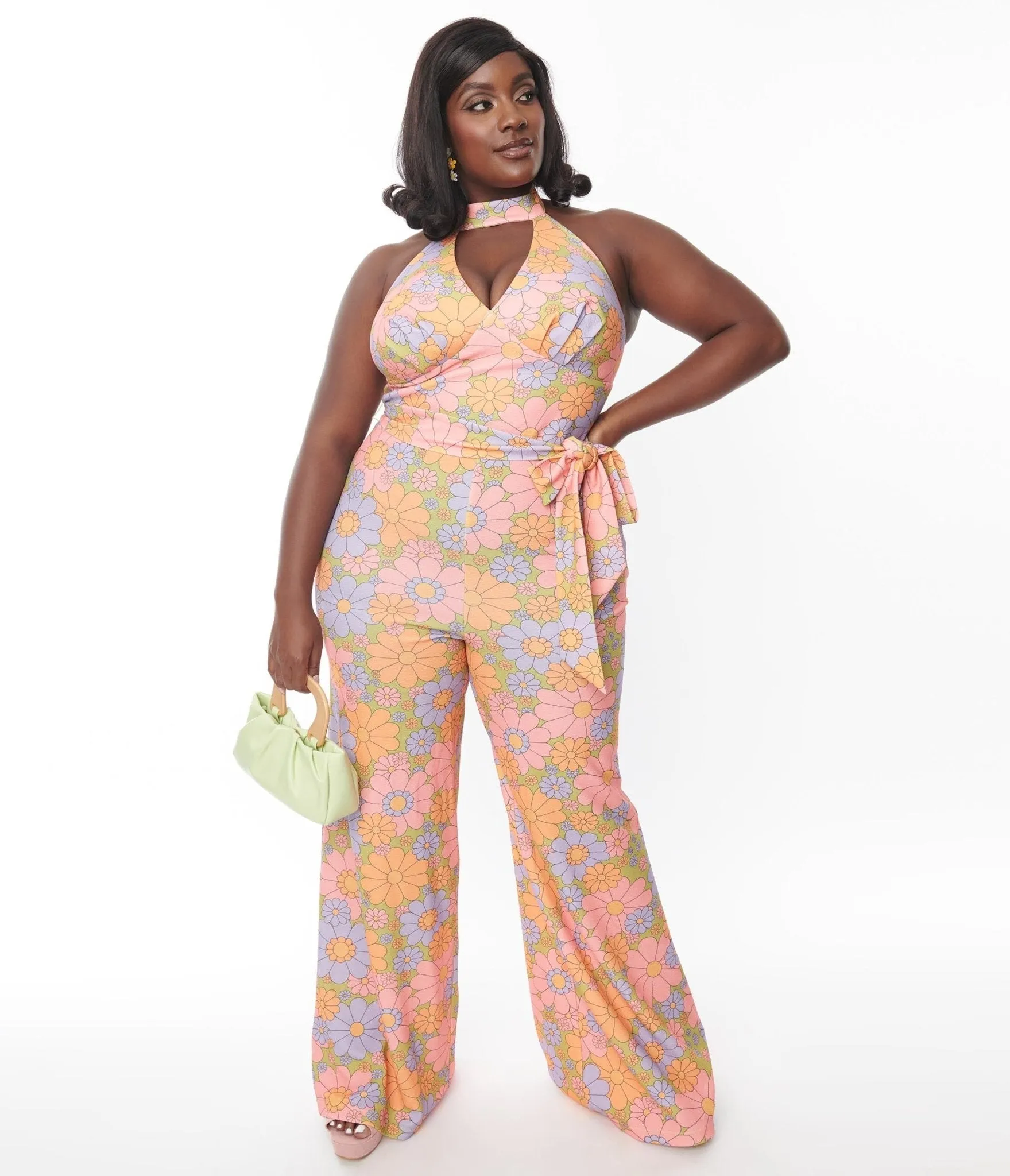 Smak Parlour Plus Size Avocado Green & Multicolor Daisy Glamour Goddess Jumpsuit