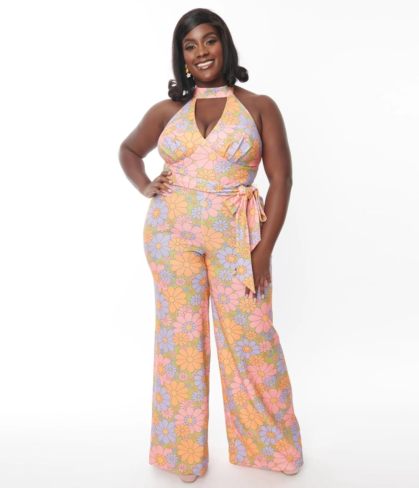 Smak Parlour Plus Size Avocado Green & Multicolor Daisy Glamour Goddess Jumpsuit