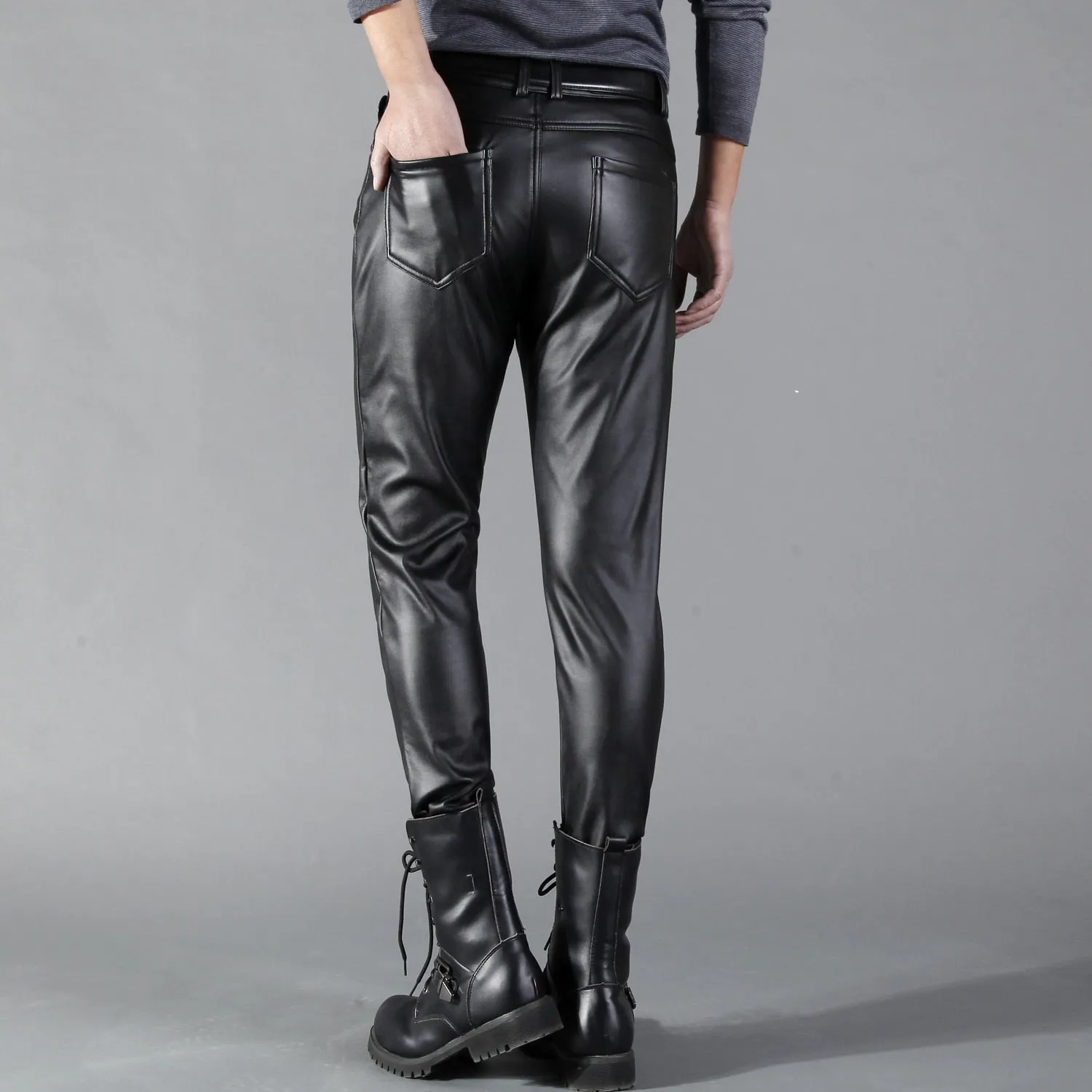 Solid Black Clean and Sleek Design Men Leather Pants