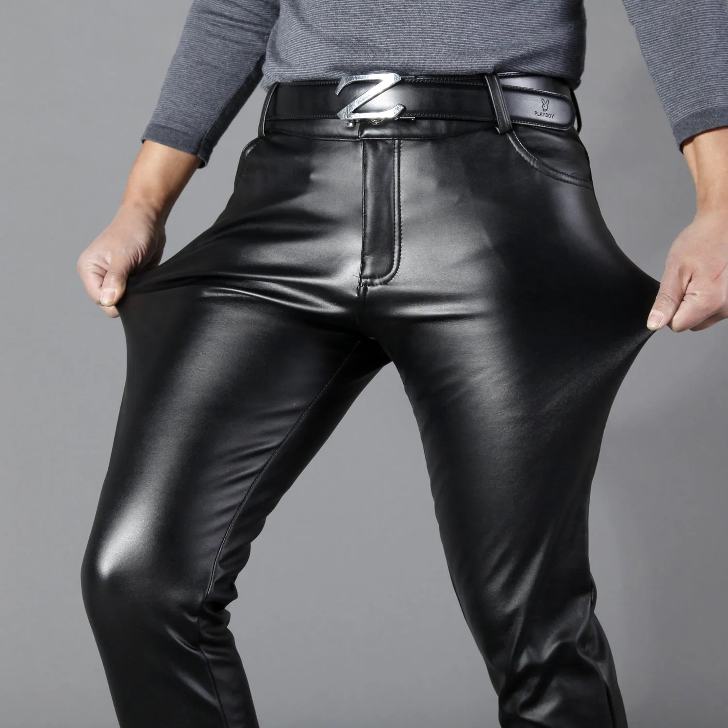 Solid Black Clean and Sleek Design Men Leather Pants