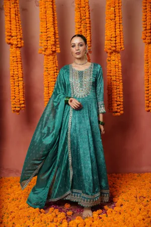 Teal Green Traditional Printed Spanish Silk Anarkali Set