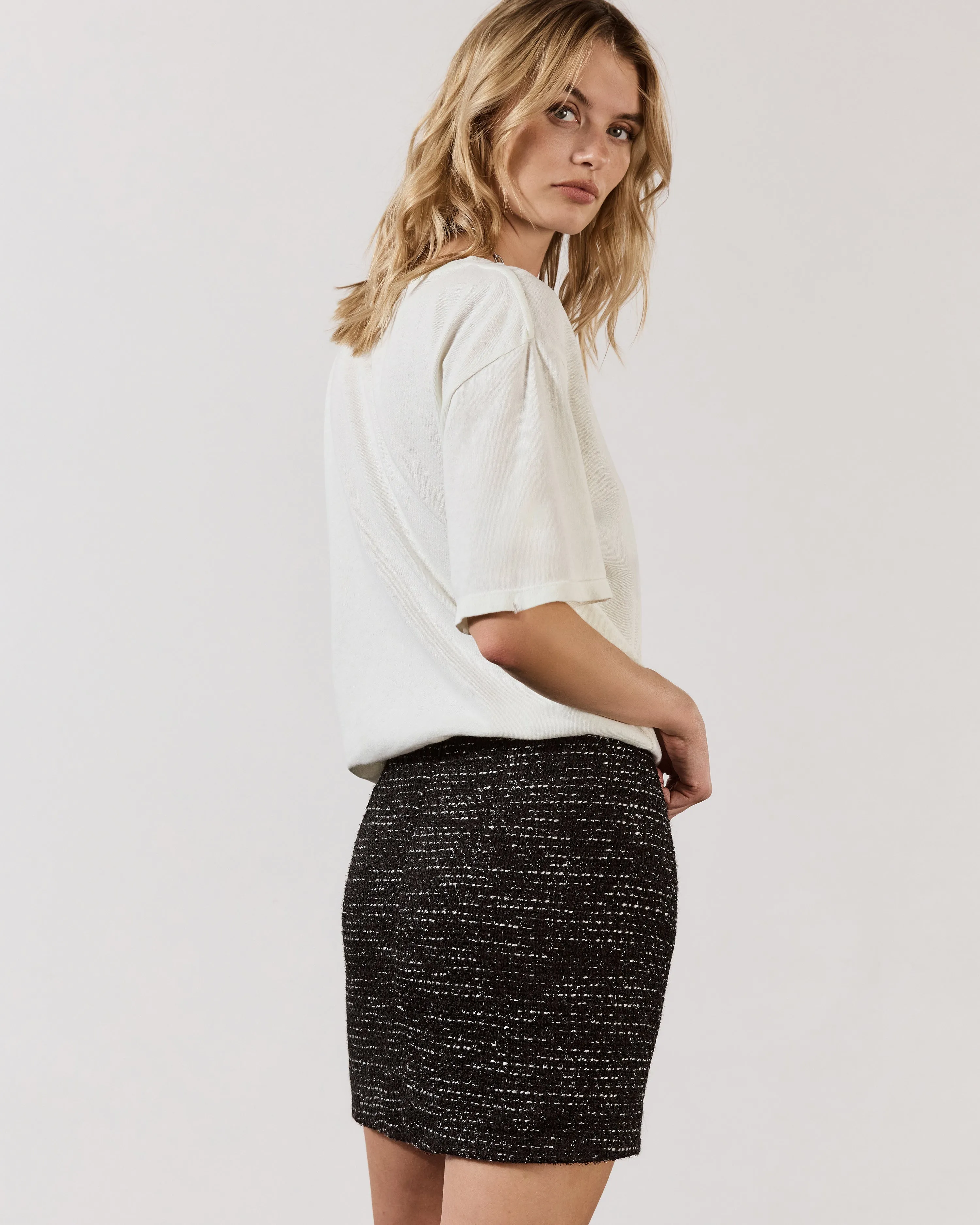 The Black Sparkly Short Straight Tweed Skirt