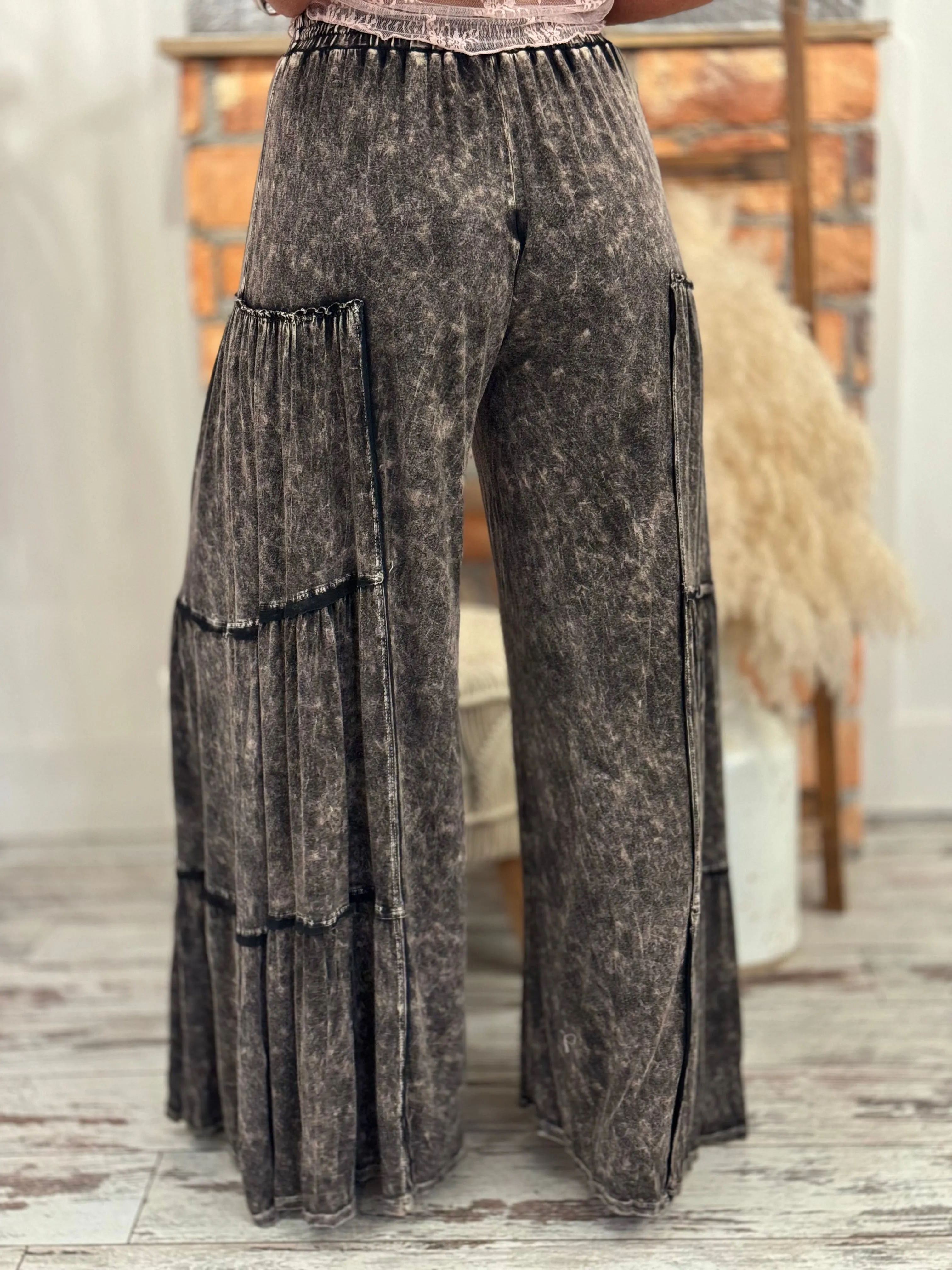 Tiered Washed Wide Leg Pants in Black