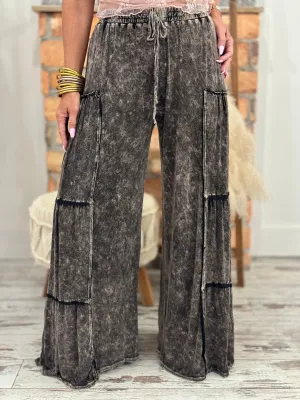 Tiered Washed Wide Leg Pants in Black