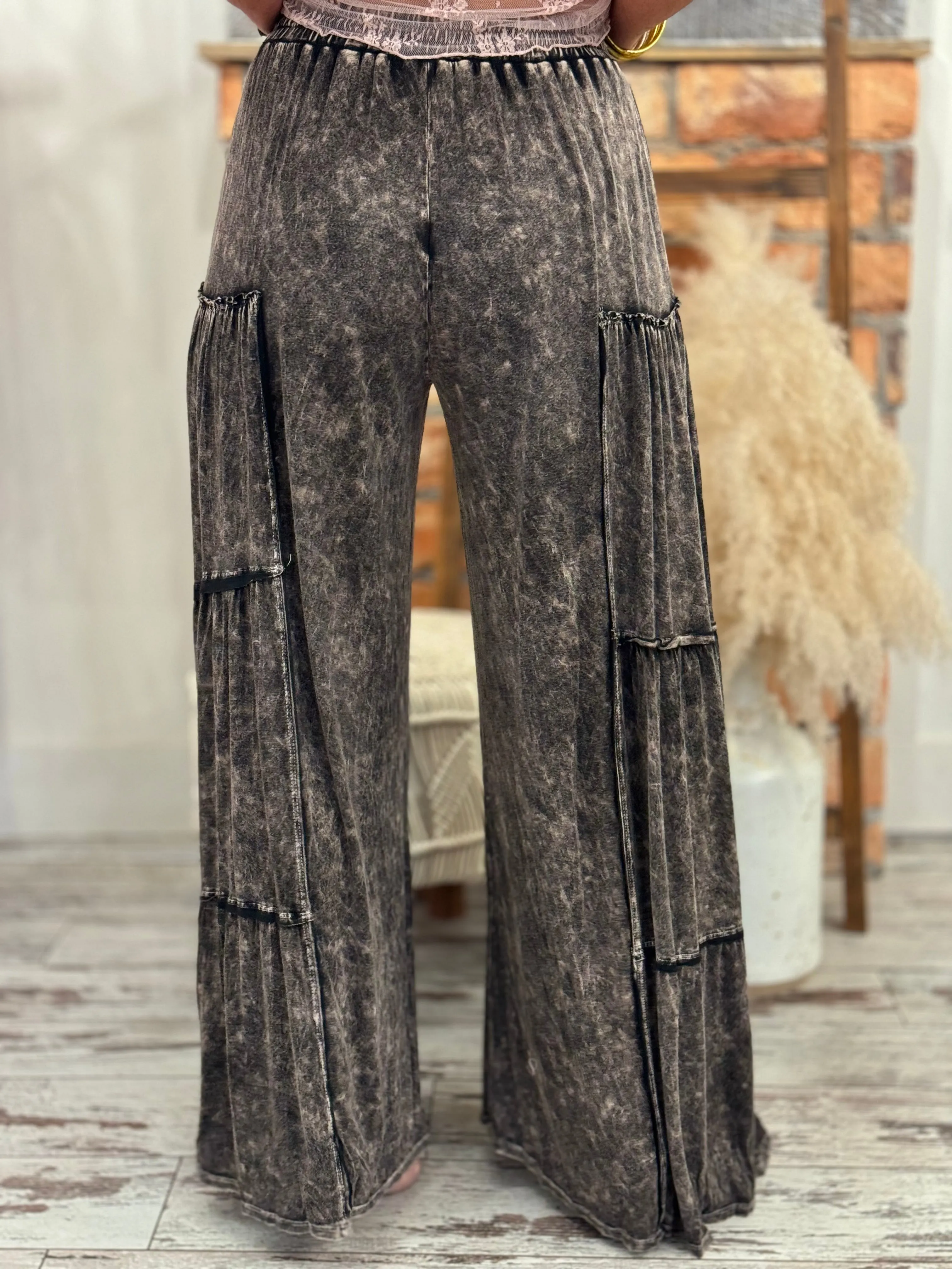 Tiered Washed Wide Leg Pants in Black