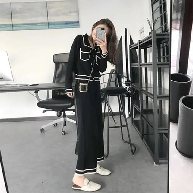 Two-Piece-Set (Blouse/Cardigan  Wide-Leg Pants)