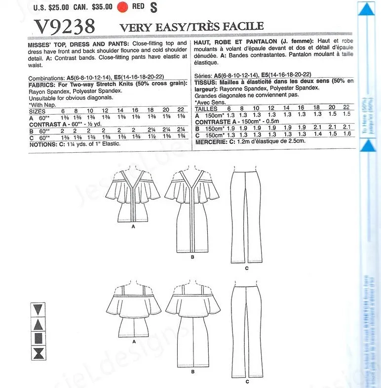 VOGUE PATTERN MISSES' COLD-SHOULDER, FLOUNCE TOP AND DRESS, AND BOOTCUT PANTS 9238