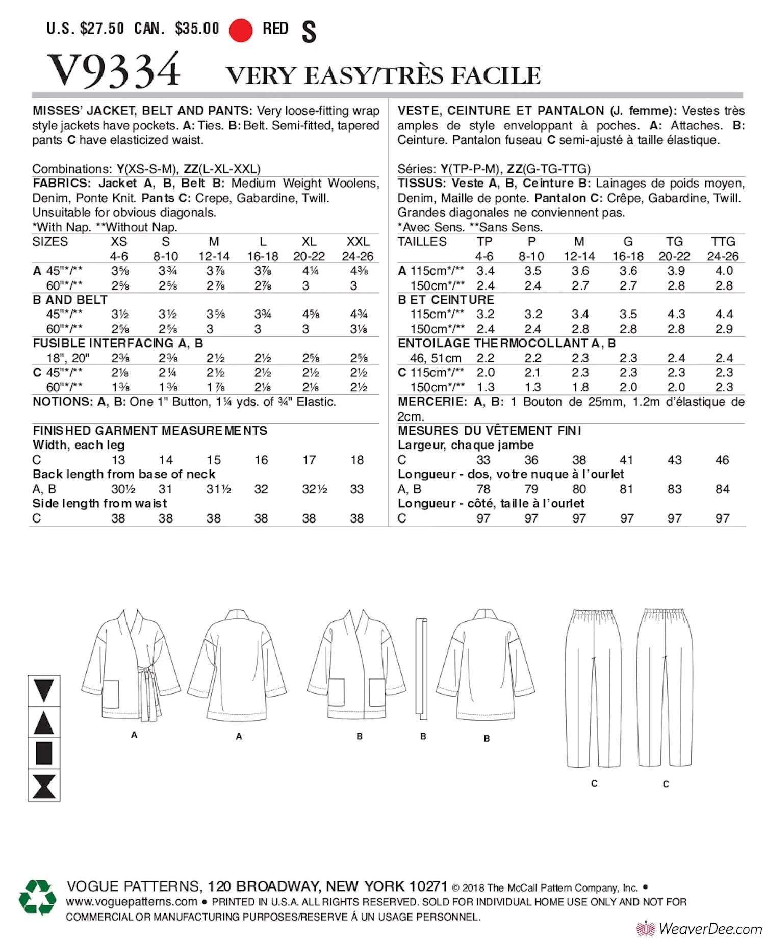 Vogue Pattern V9334 Misses' Jacket, Belt & Pants