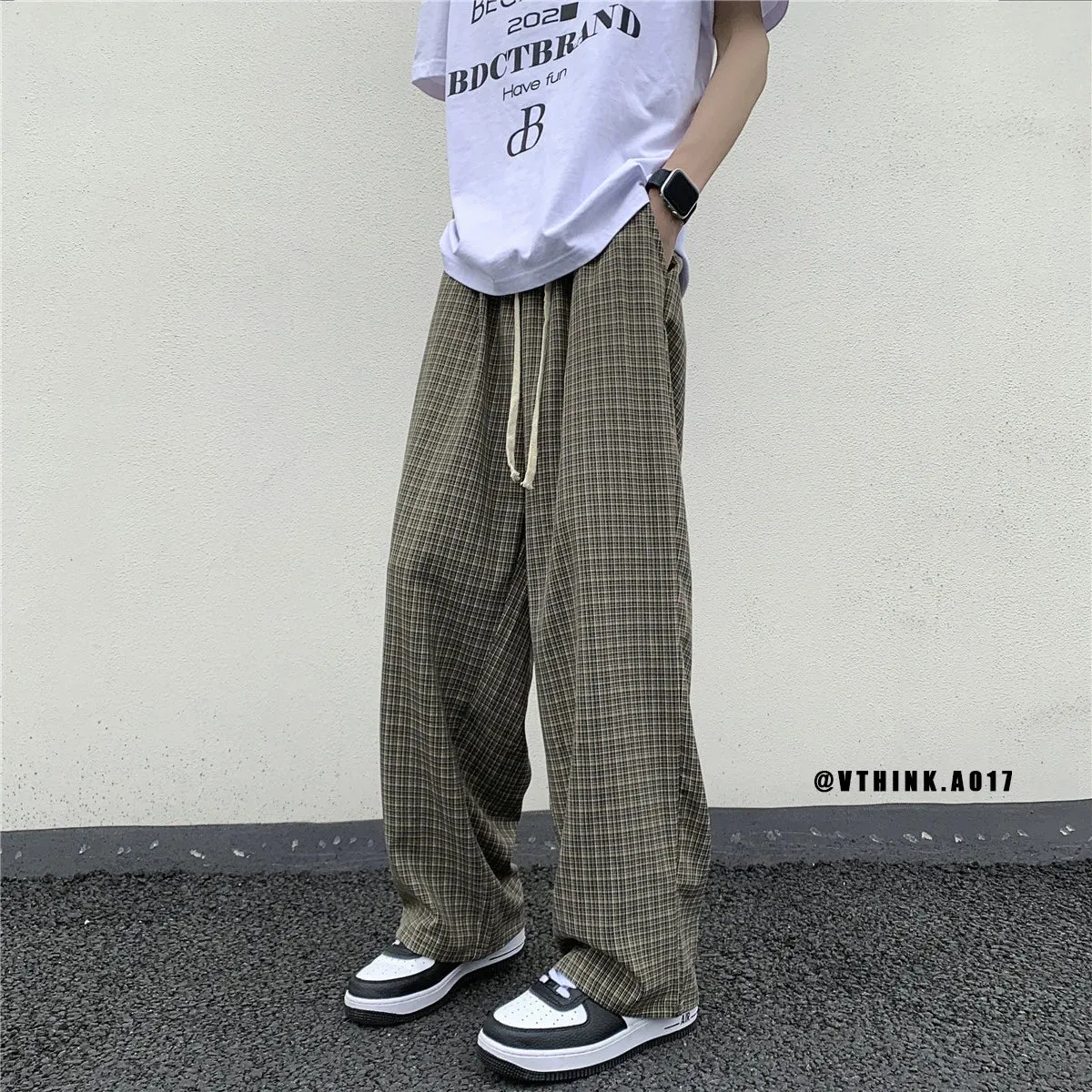 Wiaofellas  -  Summer/Autumn Plaid Pants Men Loose Casual Straight Trousers for Male/Female Harajuku Hip-hop Streetwear Wide-leg Mopping Pants