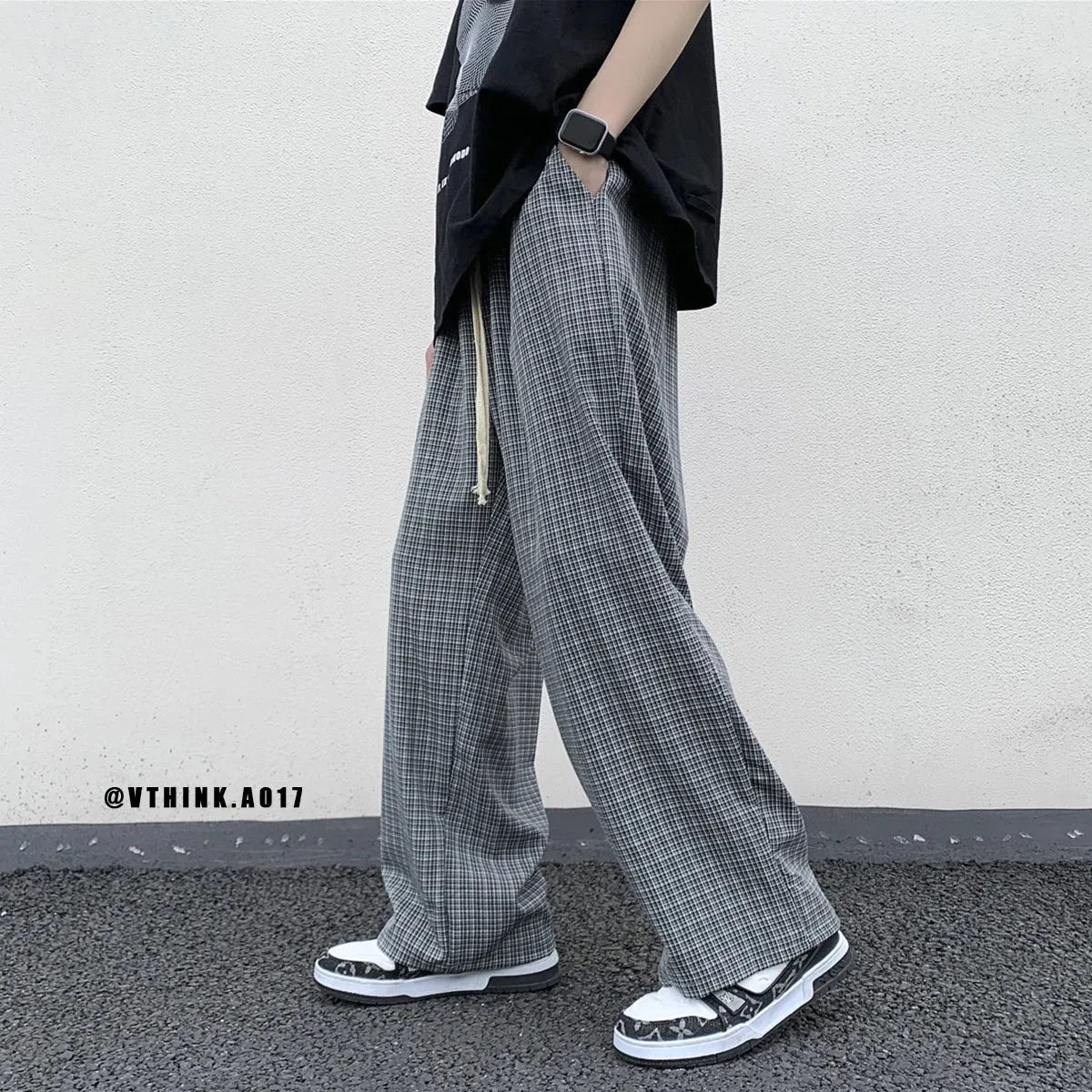 Wiaofellas  -  Summer/Autumn Plaid Pants Men Loose Casual Straight Trousers for Male/Female Harajuku Hip-hop Streetwear Wide-leg Mopping Pants