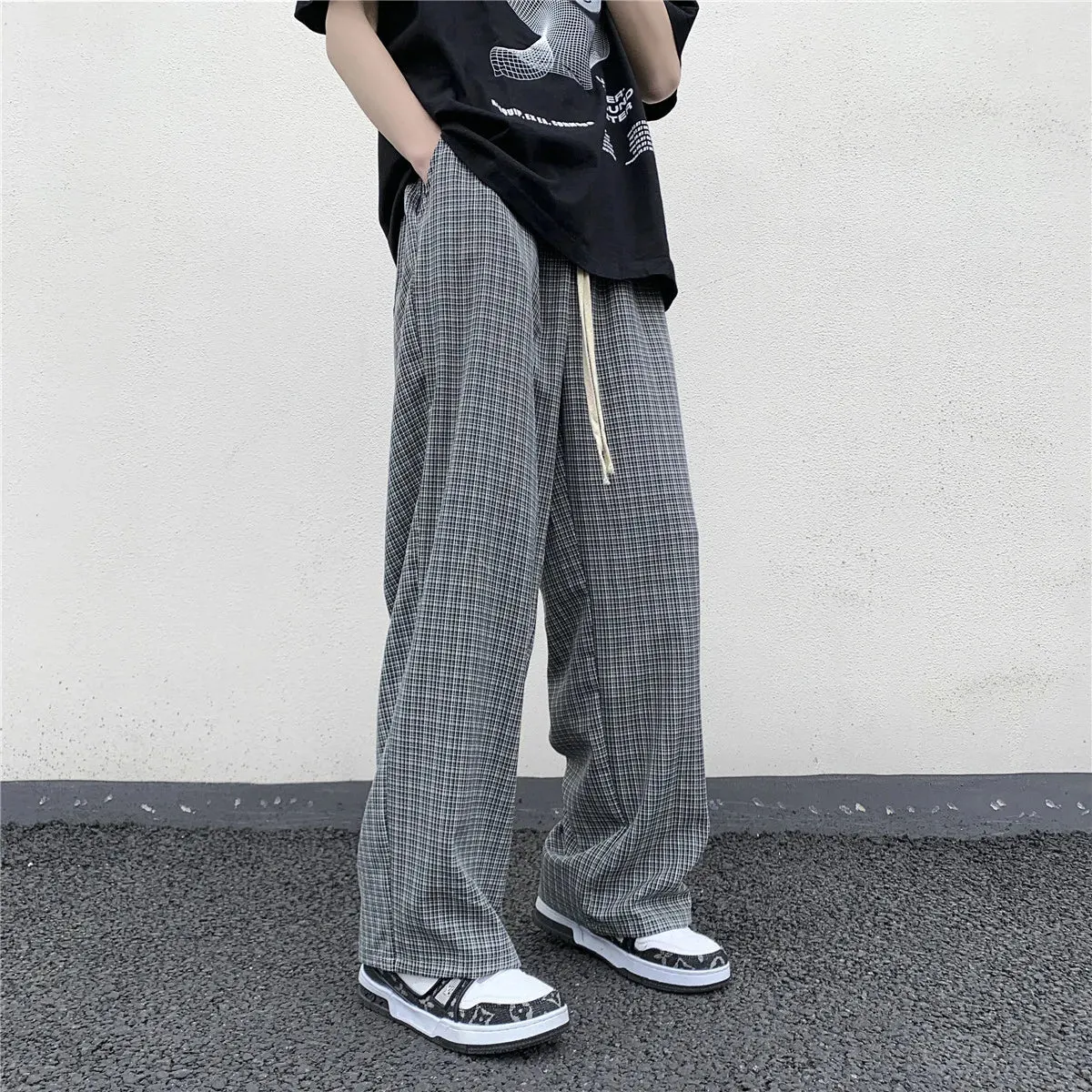 Wiaofellas  -  Summer/Autumn Plaid Pants Men Loose Casual Straight Trousers for Male/Female Harajuku Hip-hop Streetwear Wide-leg Mopping Pants