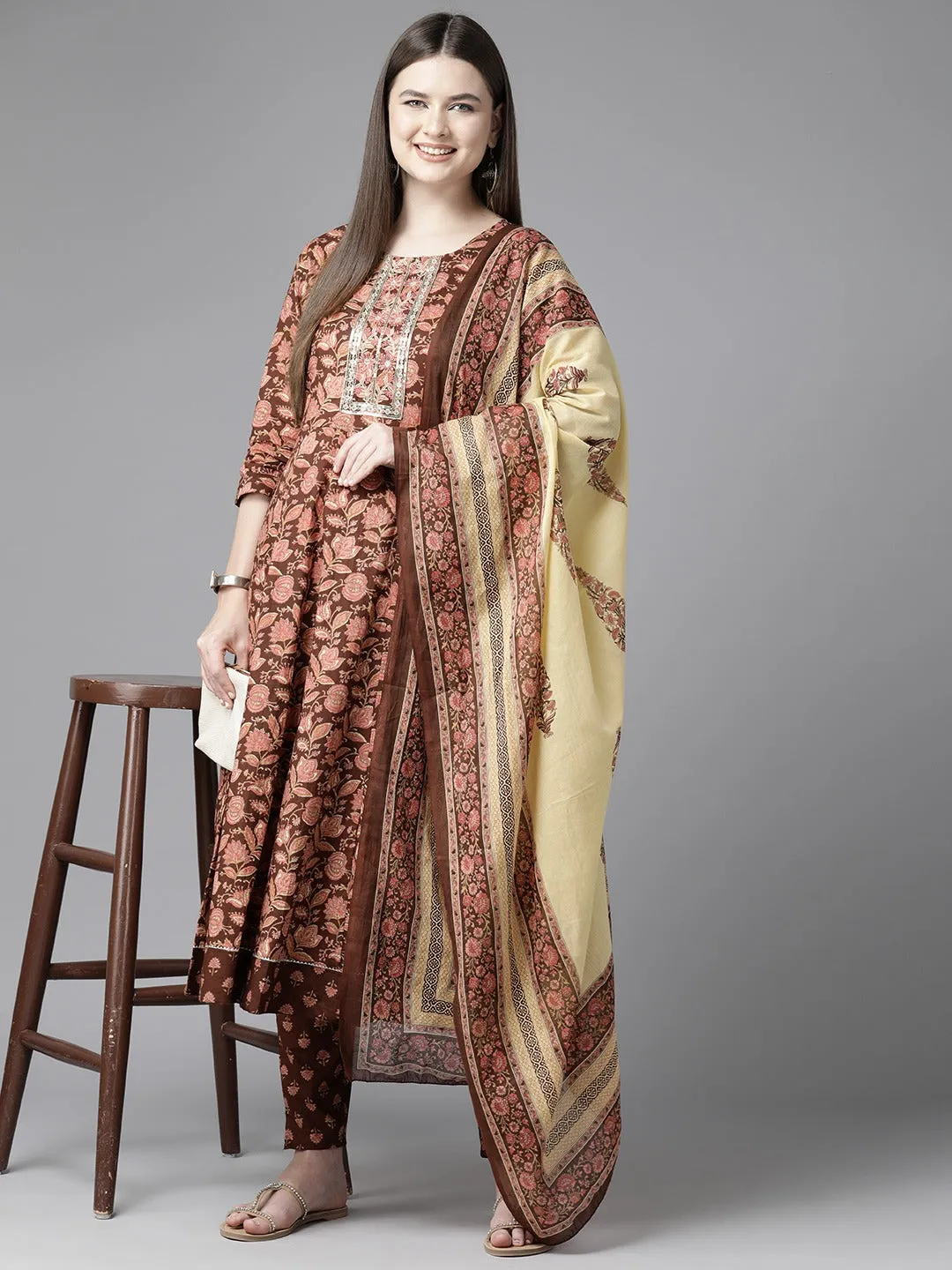 Women Coffee Brown Pure Cotton Kurta Set With Dupatta