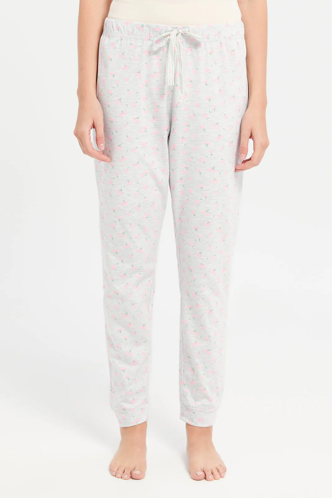 Women Grey Floral Print Pyjama Set (2 Piece)