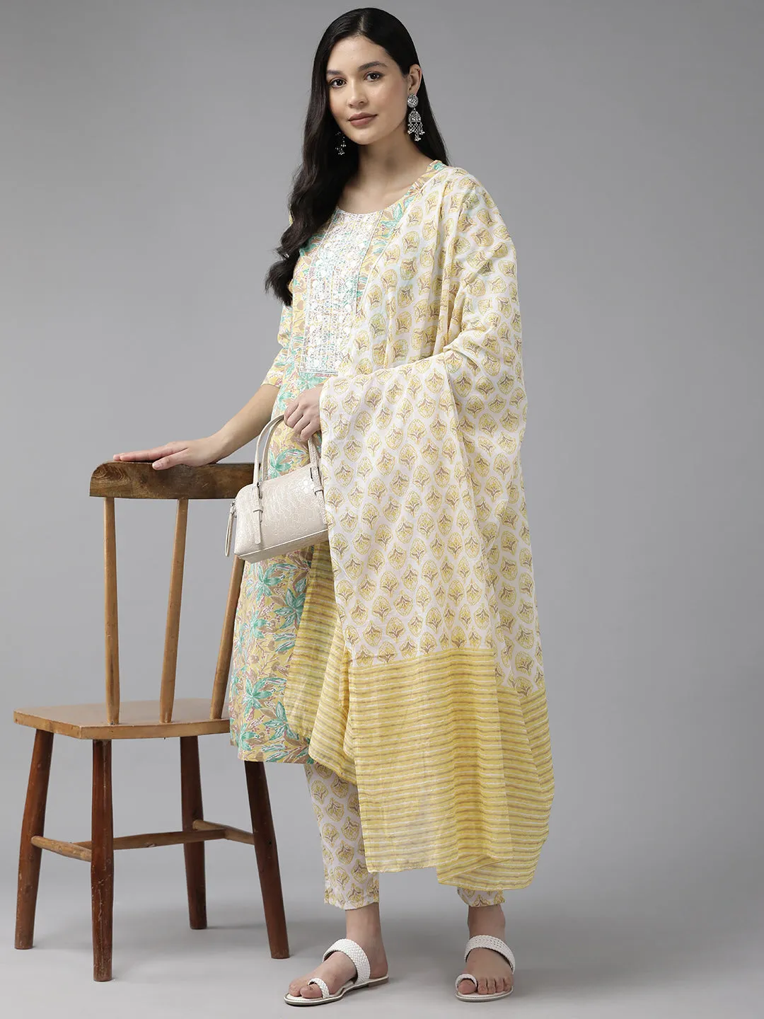 Women Yellow Pure Cotton Kurta Set With Dupatta