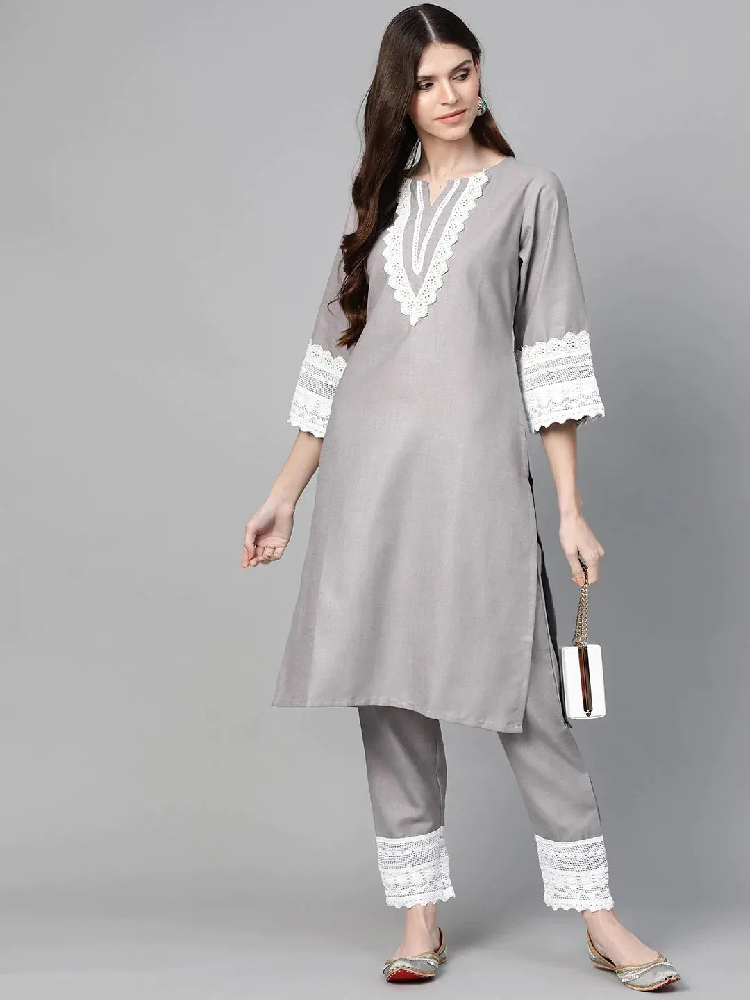 Women'S Grey Solid Kurta & Trousers With Lace Insert Detail