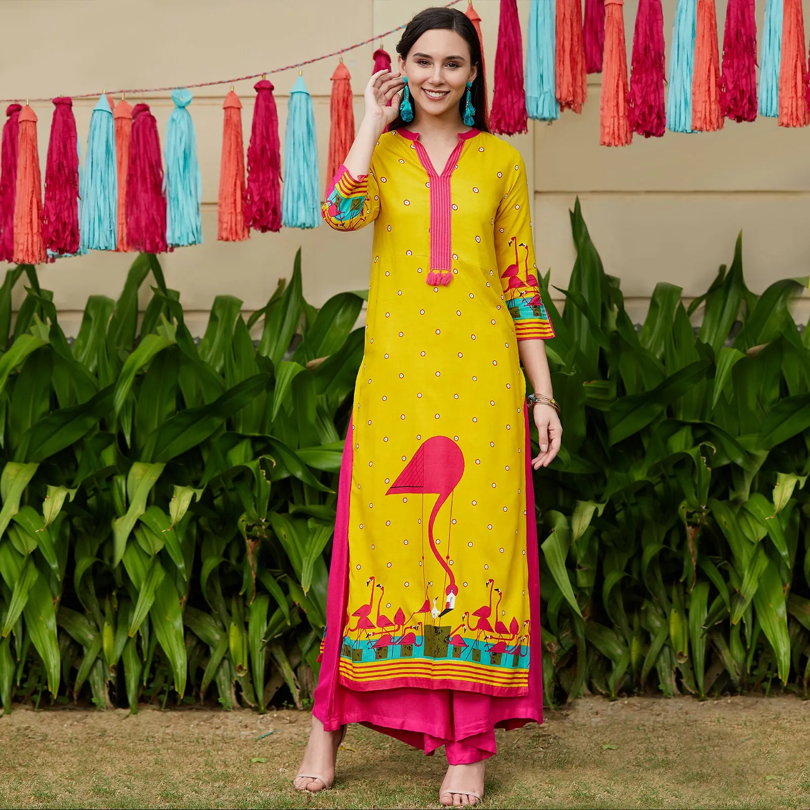 Yellow V-Neck Flamingo Printed Kurta