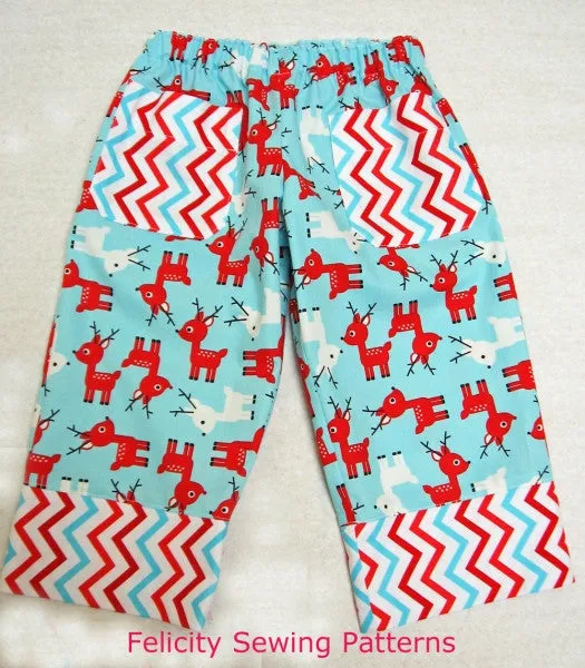 Z FREE PATTERN - Play Pants with Christmas tree applique, boys & girls sizes 1-10 yrs